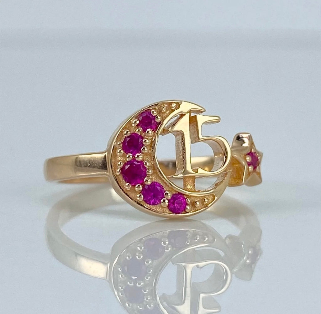 Anillo 15años media luna con circones Oro amarillo 18K | Talla 6 | 2,82 gr *
