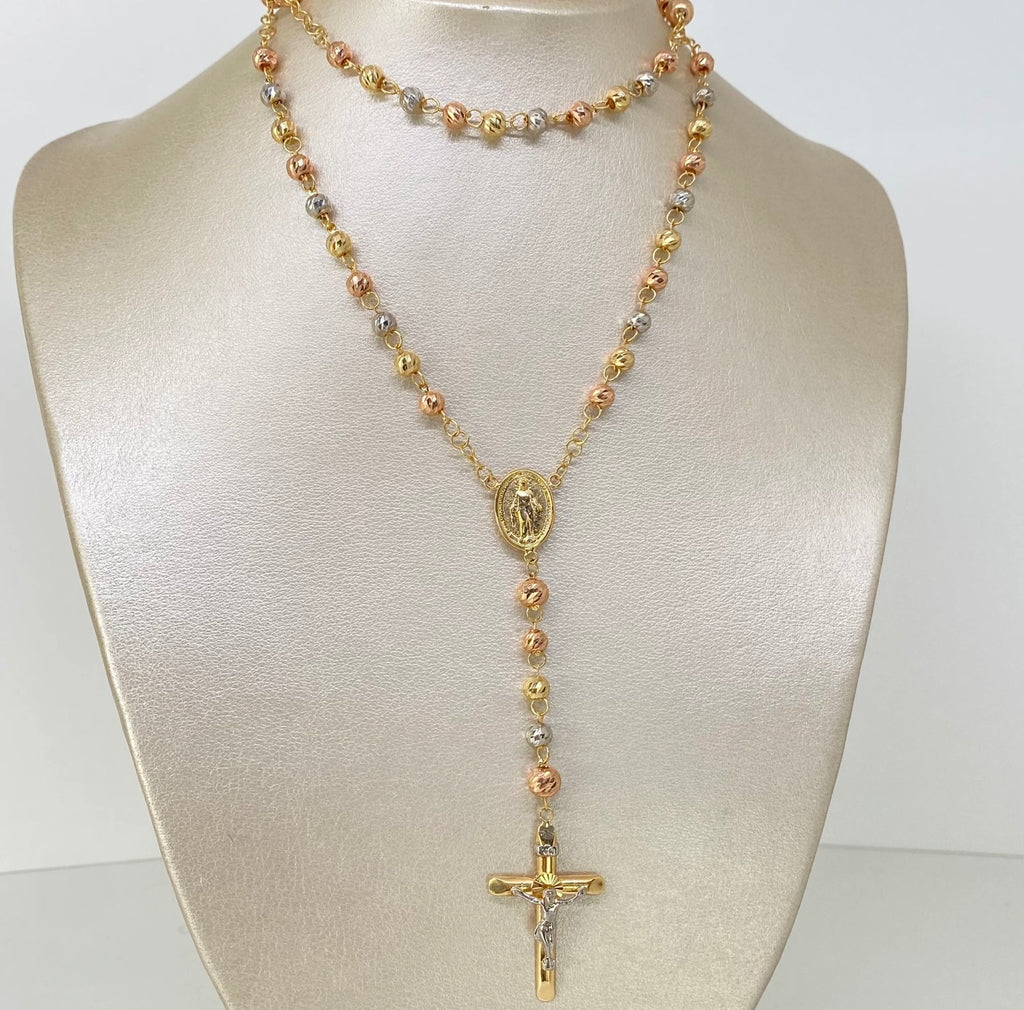 Rosario Virgen Milagrosa  / Bolas diamantadas 6 / 5mm Tres Oros  18K 14,55 gr  / 62 cm †