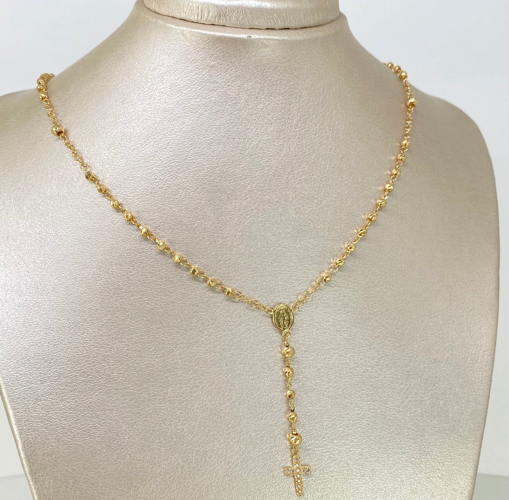 Rosario Virgen Milagrosa circones blancos / Bolas diamantadas 4/3mm Oro amarillo  18K 6,30 gr / 50 cm*