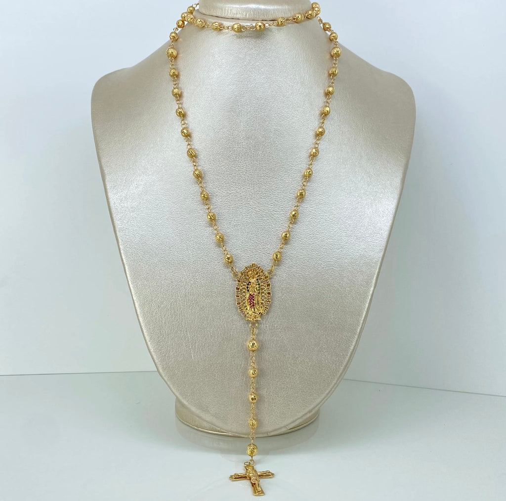 Rosario bolas diamantadas Virgen de Guadalupe •Circones colores / Oro amarillo  18K 26,55 gr / 5 mm / 65 cm *