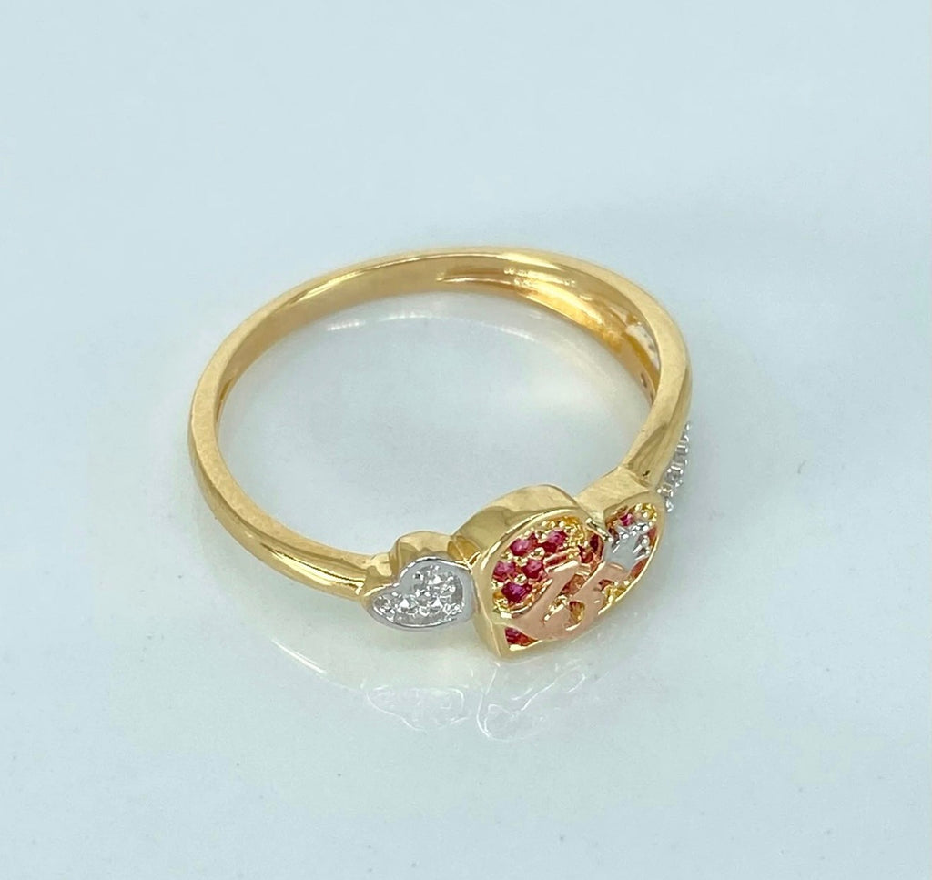 Anillos 15años corazones circones blancos y fucsias | Oro amarillo y Oro blanco 18K | Talla 6 | 2,15 gr