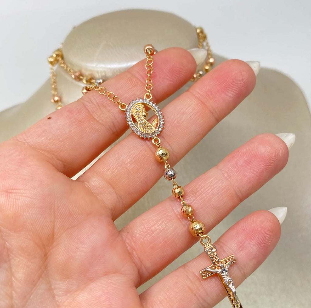 Rosario Virgen Maria circones blancos / bolas diamantadas 5 / 4 mm Tres Oros 18K / 11,12 gr / 55 cm *+