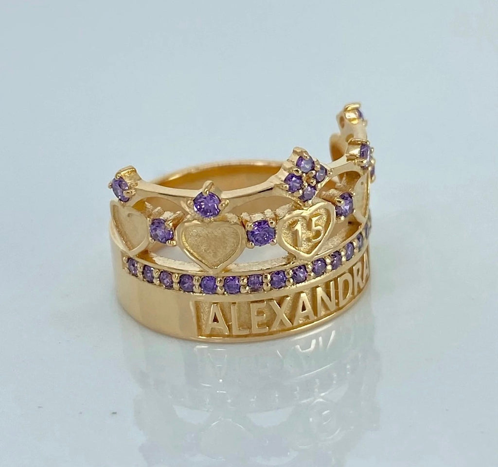 Anillo Corona 15años con nombre personalizado y circones Oro amarillo 18K |Talla 5 | 6,44 gr*
