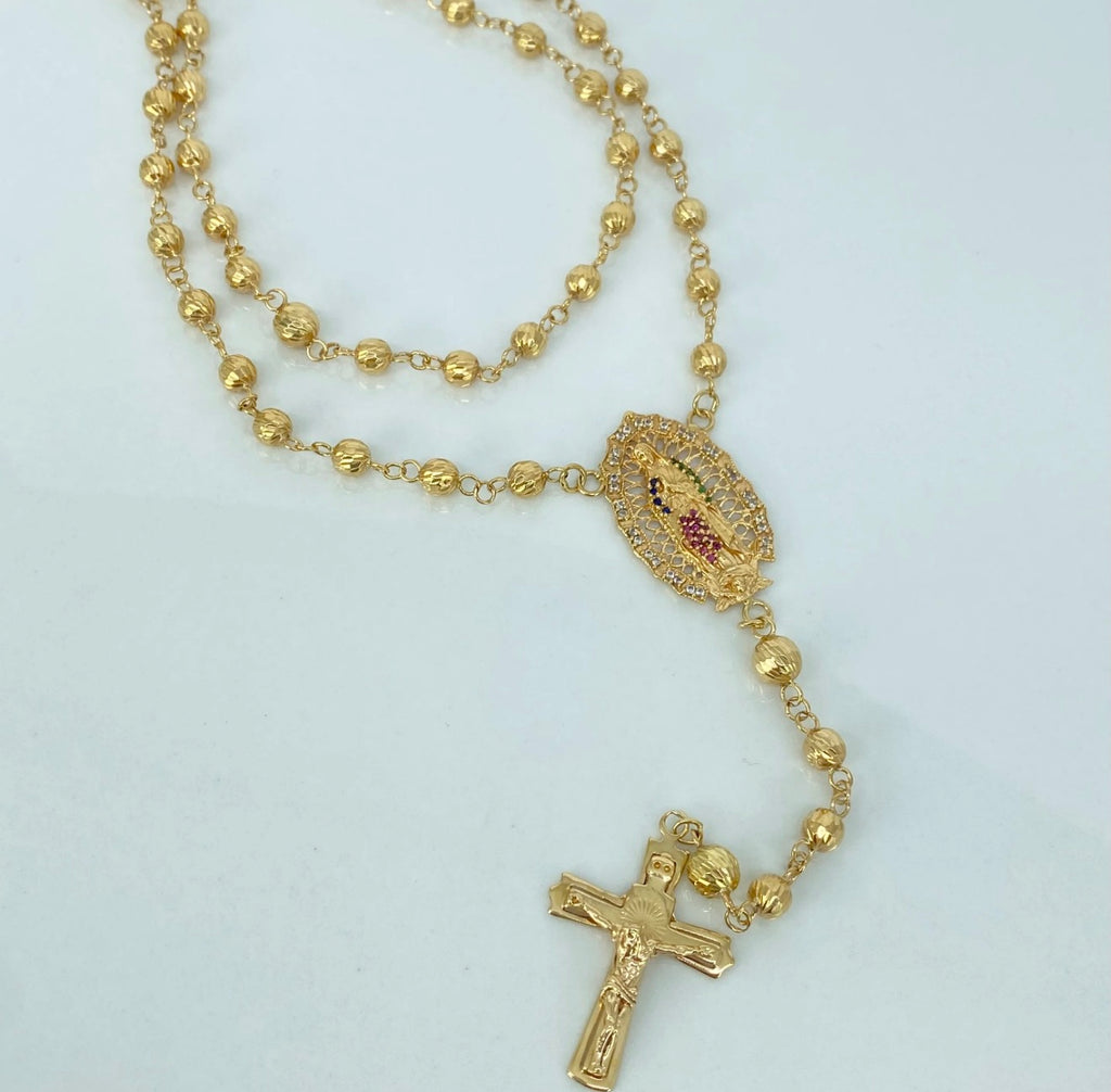 Rosario bolas diamantadas Virgen de Guadalupe •Circones colores / Oro amarillo  18K 26,55 gr / 5 mm / 65 cm *
